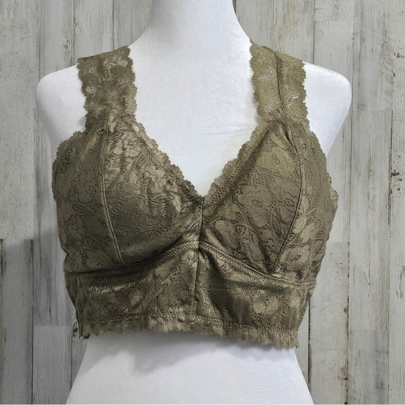 Zenana Olive Green Boho Lace Hour Glass Back Racerback Bralette Size XL - Picture 1 of 7